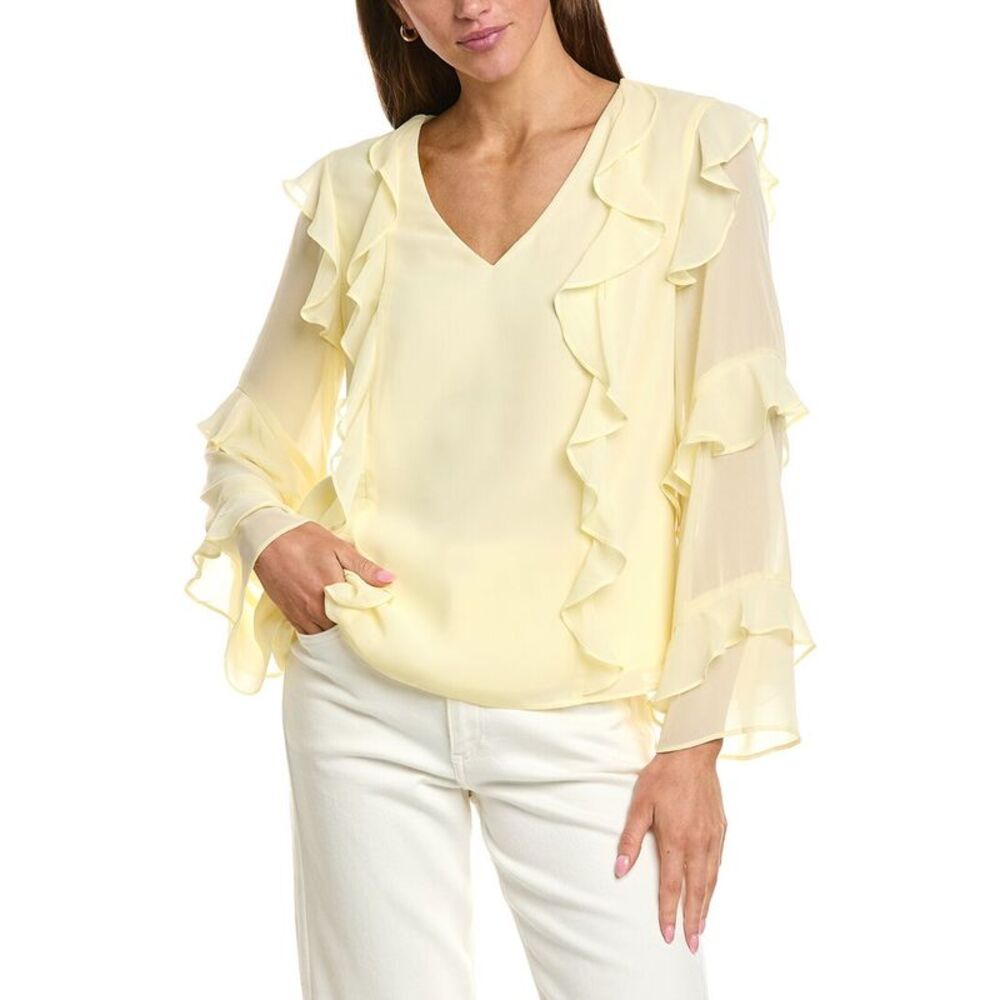 1.State Womens Long Sleeve Ruffle Top, Yellow